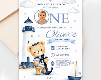 Nautical First Birthday Invitation with Photo, Little Sailor Teddy Bear, Editable Canva Template