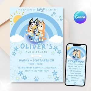 Bluey Geburtstagseinladung Personalisierte Kindergeburtstag einladen Blauer Hund Bearbeitbare digitale Vorlage Sofort-Download