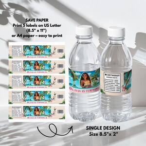 Tropical Moana-style water bottle label with beach scene, birthday cake, and personalized name, printable 8.5x2 inches.