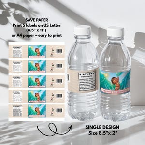 A layout preview showing multiple water bottle labels arranged on a printable sheet. Each label includes the same tropical Baby Moana design with ocean waves and soft pastel colors. The image includes text explaining that five labels fit on one US Letter or A4 sheet for easy printing.