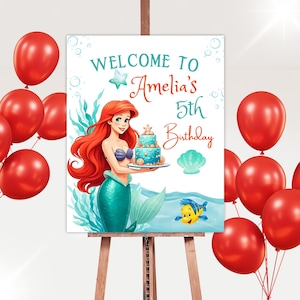 Panneau de bienvenue pour l'anniversaire de la petite sirène Ariel | Affiche modifiable de fête de sirène | Téléchargement instantané et modèle de toile personnalisable
