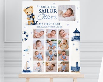Baby Boy First Year Photo Sign, Nautical Sailor Teddy Bear Monthly Collage, Editable Canva Template