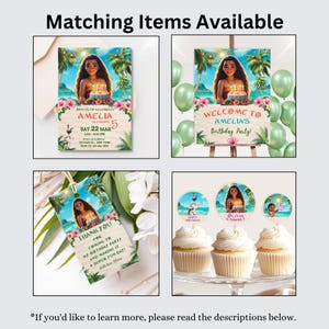 A collage displaying matching party items including a birthday invitation, welcome sign, thank you tag, and cupcake toppers. All designs feature a tropical beach theme with palm trees, ocean background, and a smiling island girl character.