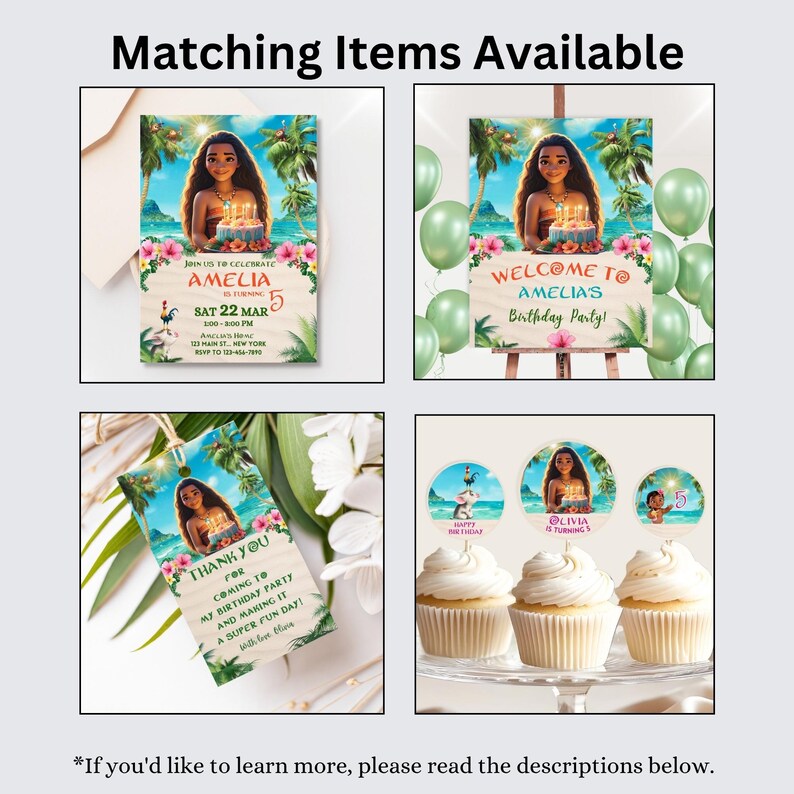 A collage displaying matching party items including a birthday invitation, welcome sign, thank you tag, and cupcake toppers. All designs feature a tropical beach theme with palm trees, ocean background, and a smiling island girl character.