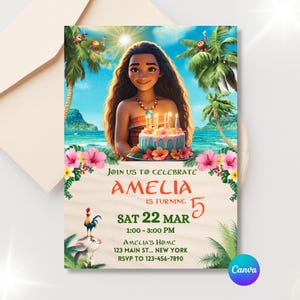 A tropical Moana-inspired birthday invitation featuring a smiling girl holding a cake with candles, surrounded by palm trees, ocean background, pink flowers, and bright sunlight in a beach setting.