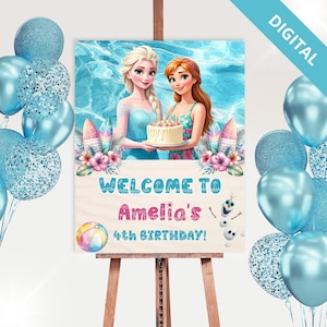 Frozen Birthday Welcome Sign: Tropical Elsa & Anna Party (Editable Canva Digital Download)