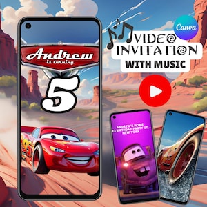 Puede incluir: Una invitación de cumpleaños digital con el personaje Rayo McQueen de la película Cars. La invitación incluye el texto "Andrew cumple 5 años" y "Invitación en vídeo con música". El fondo muestra un paisaje desértico.