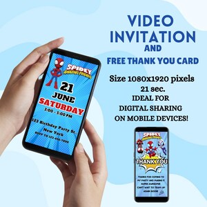 May include: A smartphone displays a digital birthday invitation featuring the text "Spidey Amazing Friends" and event details. The invitation includes a thank you card. The image is designed for digital sharing.