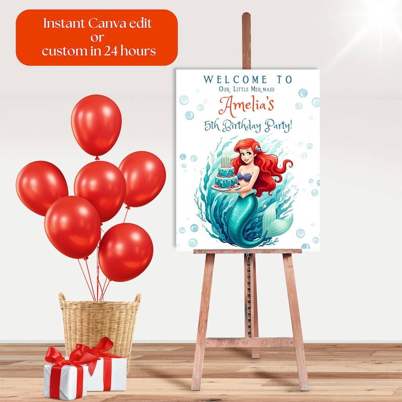 Puede incluir: Un cartel imprimible para una fiesta de cumplea&ntilde;os n&uacute;mero 5 con una sirena de cabello rojo sosteniendo un pastel. El cartel dice "&iexcl;Bienvenido a nuestra peque&ntilde;a sirena Amelia's 5to cumplea&ntilde;os!"