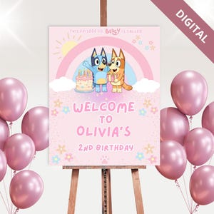 Blue dog Birthday Welcome Sign Pink Editable  Birthday Poster Instant Download Canva