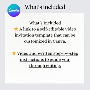 May include: A white graphic with the text "What's Included" and the Canva logo. The text describes a self-editable video invitation template and step-by-step instructions for editing.