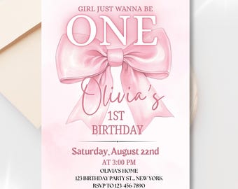 Girls Just Wanna Be One Invitation, Pink Bow First Birthday Invite, Editable Canva Template