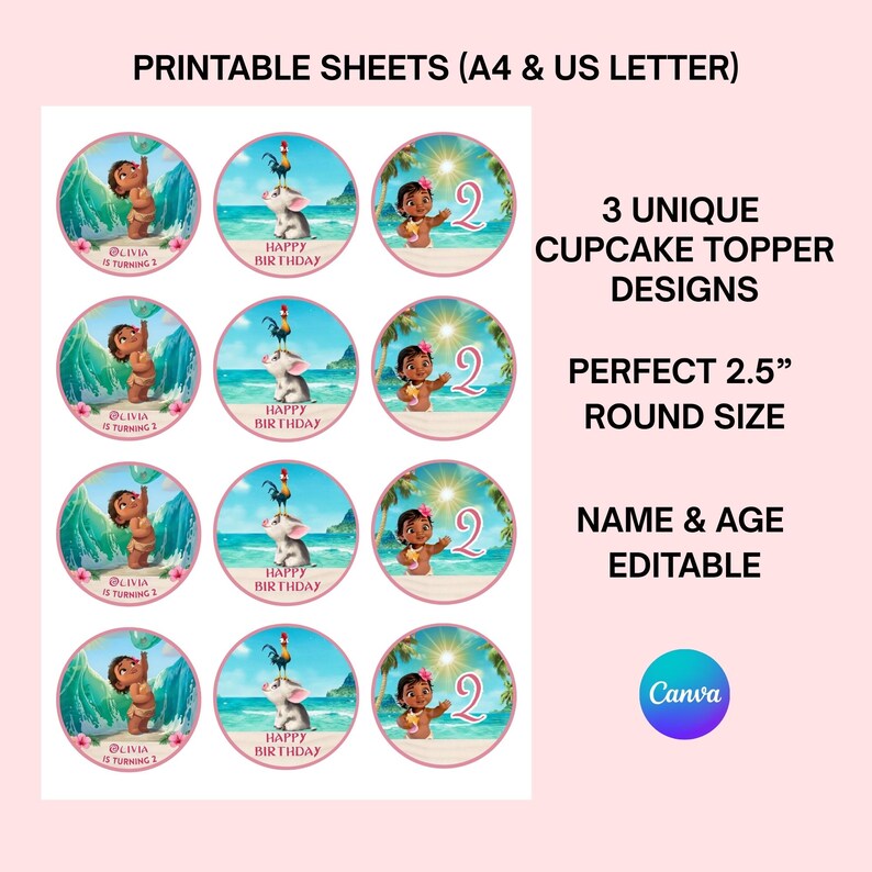 Printable sheet of cupcake toppers with multiple circular designs arranged for easy printing on A4 or US letter paper.