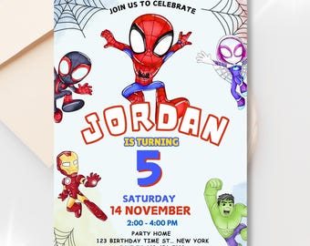 Spidey and His Amazing Friends Birthday Invitation, Editable Superhero Party Canva Template