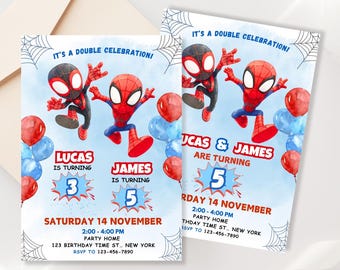 Spidey and Miles Twin or Sibling Birthday Invitation, Joint Brothers Party, Editable Canva Template