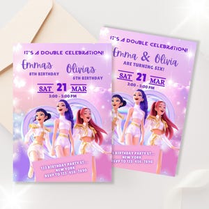 May include: Two birthday party invitations with a purple and pink gradient background. The invitations read "It's a Double Celebration!" and include the names Emma and Olivia, the date, time, and RSVP information. The invitations feature cartoon characters.