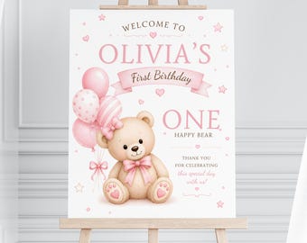 Pink Teddy Bear Welcome Sign, Girl’s 1st Birthday Party Decor, Editable Canva Template