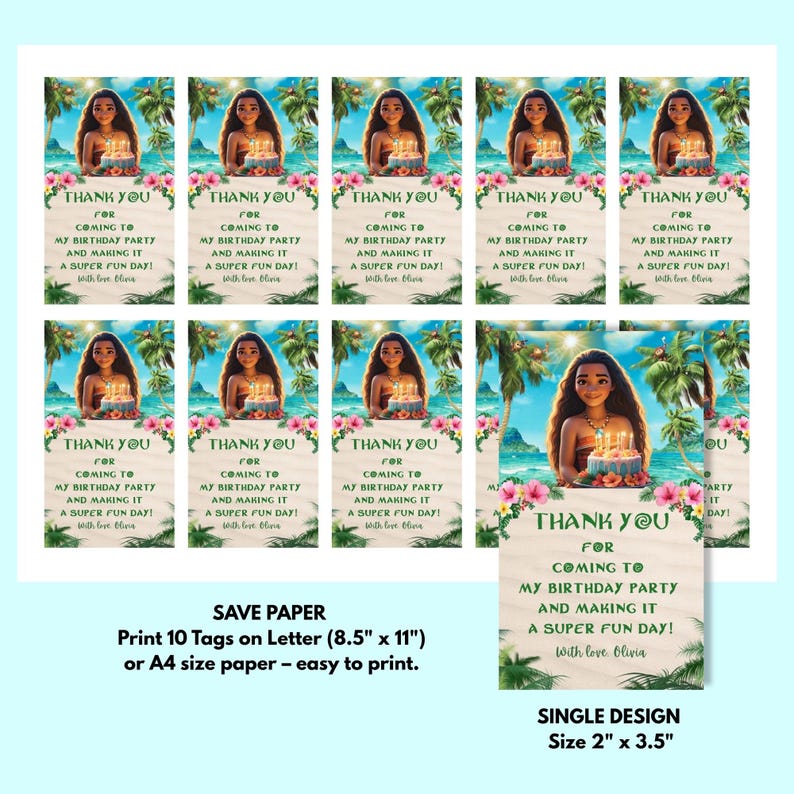 Printable sheet of tropical Moana-style birthday favor tags with a girl holding a cake, ocean and palm trees in the background. Includes multiple tags on one page and a close-up single tag preview with “Thank you for coming to my birthday party” text.