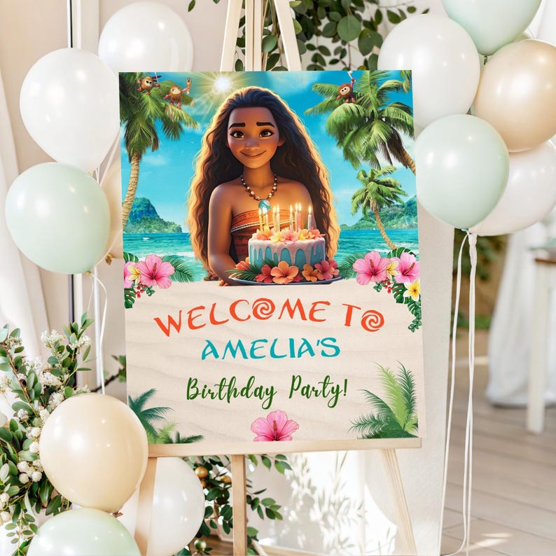 A welcome sign displayed on an easel with balloons around it, featuring tropical flowers and beach scenery with warm sunlight.