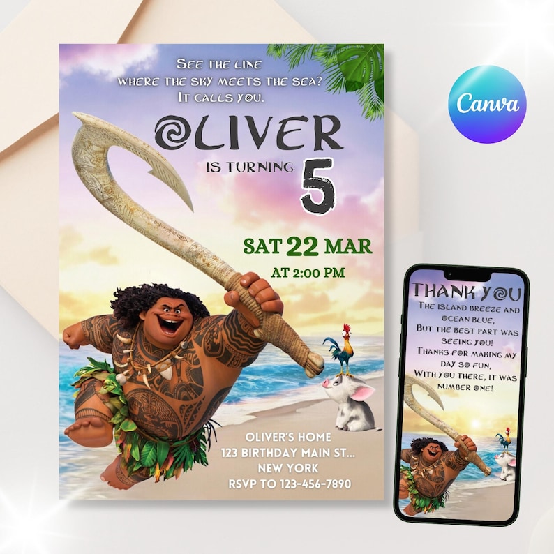 A 5x7 inch Maui-themed digital birthday invitation featuring a cheerful, muscular island character holding a magical hook on a beach with a tropical sunset background. Small animated animals, like a pig and rooster, stand nearby. The colors are warm and island-inspired, with vibrant greens, oranges, and ocean blues. Party information is written in fun, tropical fonts.