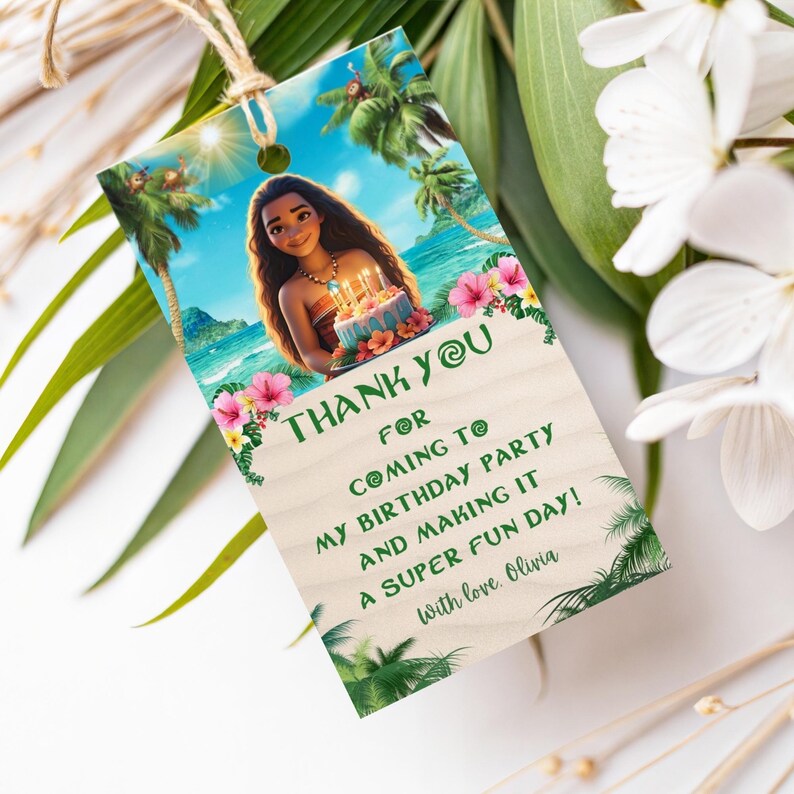 Favor tags attached to a gift box with ribbon, featuring thank you message and tropical floral design.