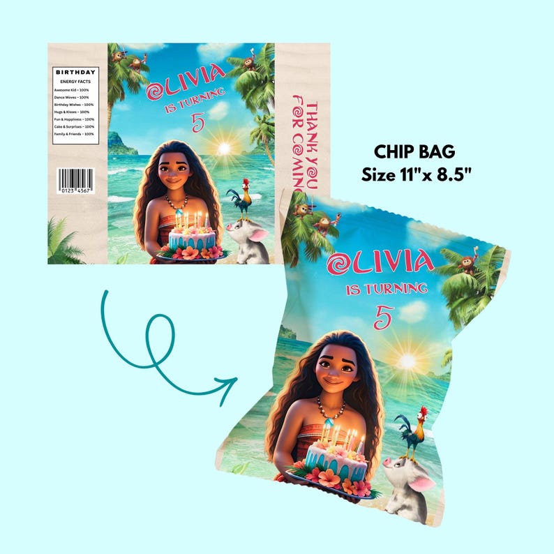 Tropical Moana-style chip bag design with beach scene, birthday cake, and personalized name and age, 11x8.5 printable.