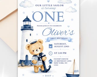 Little Sailor 1st Birthday Invitation, Nautical Teddy Bear Canva Template for Boys