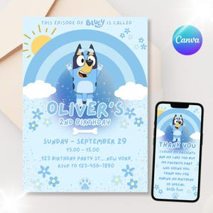 Bluey Geburtstagseinladung Blauer Hund Jungen Mädchen Geburtstag einladen Bearbeitbare Canva Digitale Vorlage Sofortiger Download