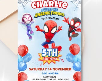 Watercolor Spidey Invitation | Spidey and Friends Birthday | Editable Canva Template