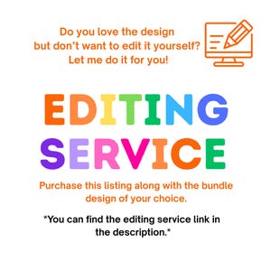 A graphic with large colorful text reading “Editing Service” in rainbow colors. Above the text, it says “Do you love the design but don’t want to edit it yourself? Let me do it for you!” with a simple computer and pencil icon. Below, it explains that customers can purchase the editing service along with the design.
