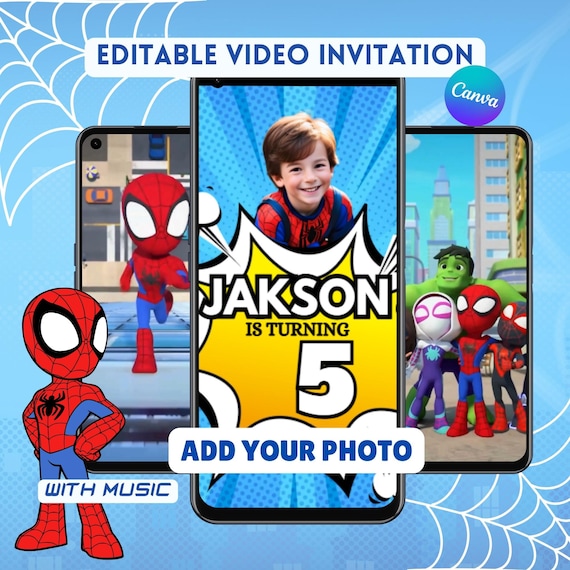 Spidey Animated Video Invitation with Photo, Editable Superhero Birthday Invite, Canva Video Template