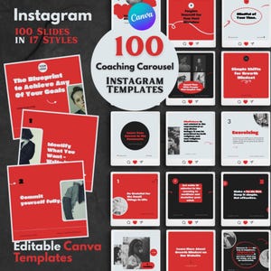May include: A collection of 100 Instagram coaching carousel templates in 17 styles, featuring red, black, and white color schemes. The designs include various layouts with text, photo placeholders, and social media icons, all editable in Canva.