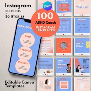 ADHD Coach Instagram Templates for Canva, Executive Function Coaching Social Media Kit, 50 Posts & 50 Stories