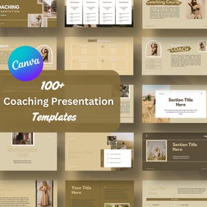 May include: A collage of 12 slides for a coaching presentation template. The slides feature a neutral color palette of beige, brown, and white. The slides include text boxes, images, and a Canva logo. The text on the slides includes "Coaching Presentation Templates", "About Me", "SWOT Analysis", "About Your Coach", "Section Title Here", and "Your Title Here".