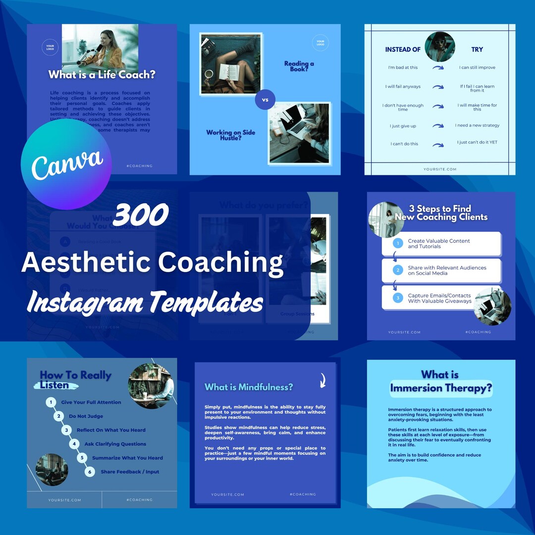 Aesthetic Coaching Instagram Templates for Canva - Blue Branding Kit ...