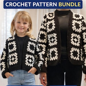 Peut inclure: Image d'un ensemble de patrons de crochet avec un cardigan noir et blanc. L'image montre un enfant et un adulte portant le même style de cardigan. Le texte sur l'image indique "CROCHET PATTERN BUNDLE" et "KID SIZES 2-16 YEARS" et "ADULT SIZES XS TO 2XL."