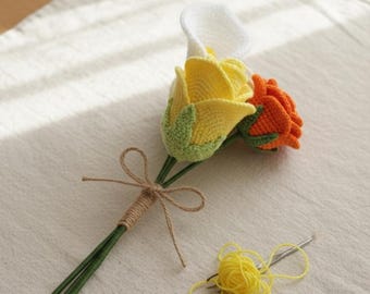 Virkad blomma, evig bukett - virkad ros och lilja, dekoration, alla hjärtans dag, unik present, bröllop, fri frakt
