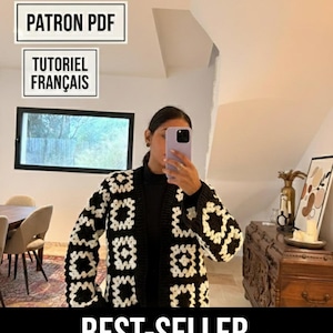 Granny Square Cardigan Crochet Pattern PDF - Sizes XS to 2XL - Detailed French PDF Tutorial - Black/White Jacket - Ribbed Trim