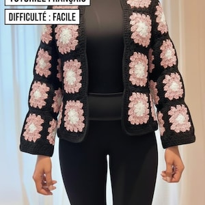 Stijlvol vestje met granny squares - Stap-voor-stap PDF-patroon in het Frans - Chique roze, wit en zwart - Maten XS/M en L/2XL - Patroon voor beginners