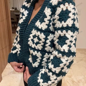 Handmade Granny Square Cardigan – Blue and White Patchwork Jacket – Boho Crochet Sweater – Gift for Her – Cropped Granny Square Coat