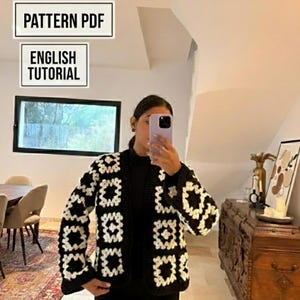 PDF Black and White Granny Square Cardigan Crochet Pattern - Tuto Gilet Crochet Français & English - Modern Patchwork Jacket - Sizes XS-2XL