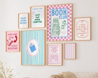 Juego de 8 láminas literarias para amantes de los libros, arte mural literario, regalo para amantes de los libros, decoración para clubes de lectura, pósteres con citas de lectura, imprimibles.