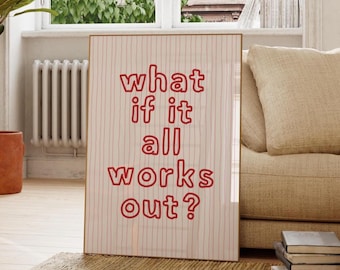 ¿Y si todo sale bien? Lámina decorativa para dormitorio con rayas rojas y rosas, póster con tipografía de cita positiva, decoración moderna para apartamentos, imprimible.