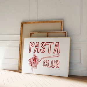 Pastaclub print, afdrukbare muurkunst, trendy keukendecor, eigenzinnig koffiebar kar decor, grillige handgetekende eten poster, schattige dinerkunst