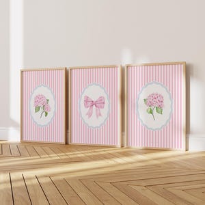 Pink Hydrangea Bow Prints Set of 3 Striped Southern Floral Wall Art Cottagecore Poster Preppy Grandmillenial Dorm Decor, Digital Download