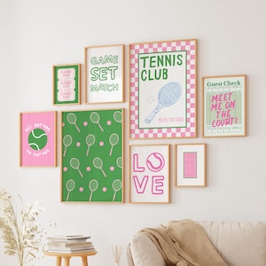Tennis Prints Set of 8 Preppy Pink and Green Tennis Gallery Wall Art, Trendy Sporty Wall Art Cute Sport Tennis Club Poster, Digital Download