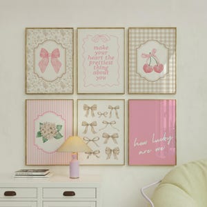 Pink and Beige Coquette Room Decor Set of 6: Trendy Bow Hydrangea Chinoiserie Wall Art (Digital Download)