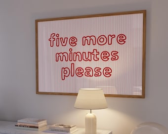 Five More Minutes Print Red and Pink Bedroom Wall Art, Above Bed Decor, Retro Striped Typography Poster, Trendy Dorm Room Decor, PRINTABLE