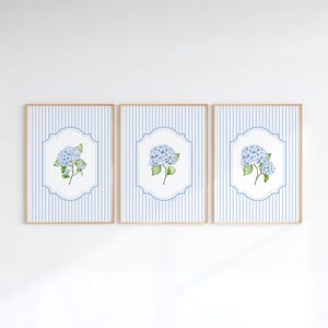 Conjunto de 3 pôsteres com estampa de hortênsias azuis, estilo cottagecore listrado, estética praiana para netas, estampa floral vintage para avós e netas, IMPRIMÍVEL
