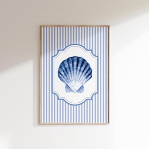 Blue Striped Seashell Print, Beach Doodle Summer Poster, Trendy Beach House Decor, California Coastal Granddaughter Art, Digital Download